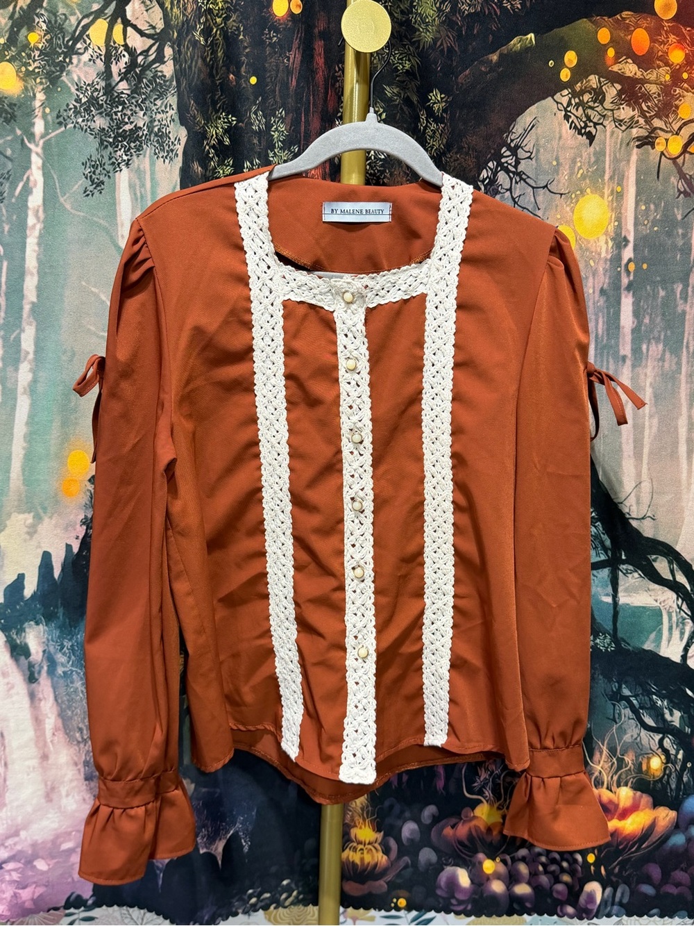 By Malene Beauty Rust Boho Crochet Trim Pearl Button Blouse - Picture 3 of 10